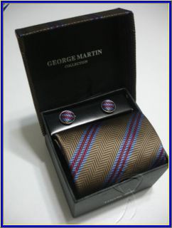 New George Martin Silk Tie Cufflink Hanky Stripes Suit