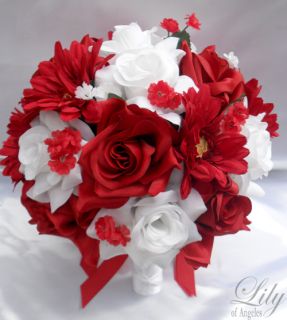  Bridal Bride Bouquet Flowers Decorations Silk Daisy Red White