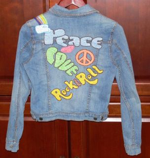 GADZOOKS Rainbow Peace Love Rock Roll Junior Jean Jacket Sz M Medium