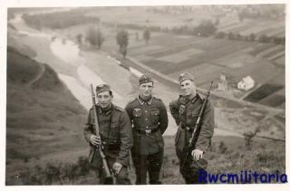  Pose by Trio Wehrmacht Soldiers w Rifles Overlooking Valley