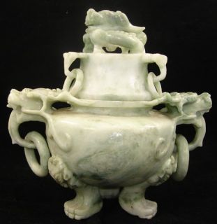 Antique Chinese Jade Censor Dragon Incense Burner Footed Rings Cover