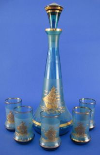 Blue Glass Decanter Set 5 Glasses Frosted Gold SHIP Schooner