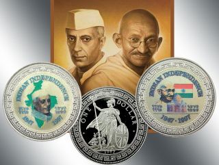  Britain 2 Trade Dollars 1997 Gandhi Nehru Indian Independence