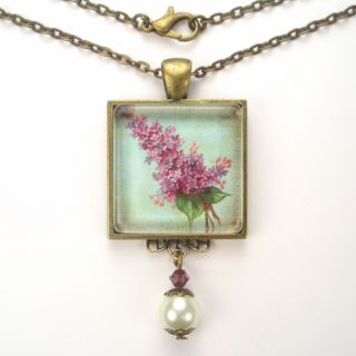  Flower Art Glass Pendant Brass Necklace Vintage Charm Jewelry