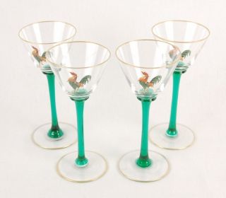  Enamel Rooster Cockerel Martini Wine Glasses Green Stems