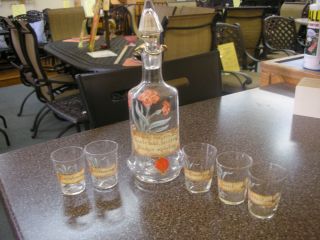 German Glass Liquor Decanter Bottle 6 Shot Glasses Free SHIP