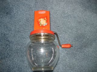 Vintage Glass Jar Red Metal Nut Garlic Chopper Grinder Anchor Hocking
