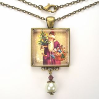  Santa Claus Art Glass Pendant Necklace Vintage Charm Jewelry