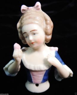 Antique German Pin Cushion Half Doll as Young Girl in Blue Arms Away 2