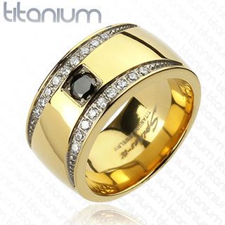 Mens Solid Titanium Ring with Gold IP Crescent Design Multi CZ