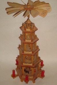 German Pyramid 5 Tier Christmas Nativity Carousel w 6 Candle Holders