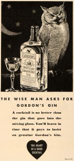 1935 Ad Gordons London Dry Gin Night Sky Moon Stars Owl   ORIGINAL