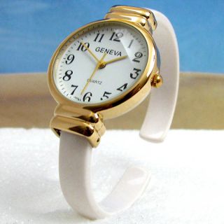 White Gold Acrylic Band Slim Case Womens Bangle Cuff Watch