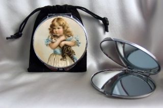 Victorian Girl with Cat Compact Mirror Silvertone with Pouch