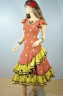 Vtg 40s 50s Flamenco Dancer Polka Dot Dress Spanish Gypsy Boho Gown