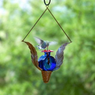 Olympia Blown Glass Hummingbird Feeder Parasol Blue