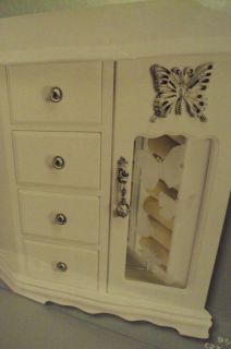 White Finsh Etched Glass Butterfly Jewelry Box Armoire