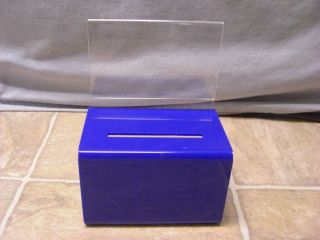 Small Blue Oblong Donation Box with Lock and Sign Holder