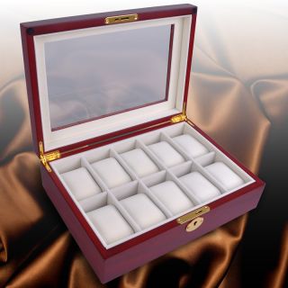  Mens Style Cherry Wood Watch Display Case Glass Top Jewelry Box