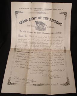 GAR POST NO.1 CHARTER SIGNED BY BF STEPHENSON