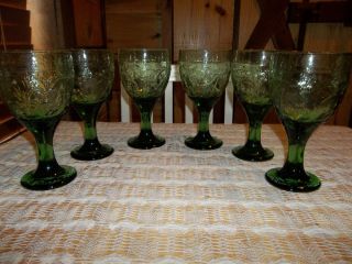 Set of Six Green Glass Goblets Water Glasses