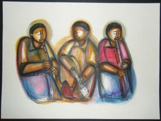 Godfrey Ndaba Pastel Artwork Musicians w Flutes Soweto Artist