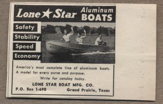 1952 Vintage Ad Lone Star Aluminum Boats Grand Prairie Texas