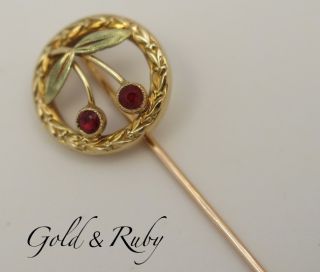 Antique French 18K Gold Tie Hat Lapel Stick Pin Ruby Yellow Green