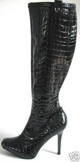 Guess Grange Black Patent Croco Logo Sexy Tall Platform Boots US 10