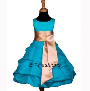 Turquoise Blue Gold Flower Girl Dress 4 6 8 10 12 13 14