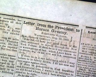  ABRAHAM LINCOLN Letter to Horace Greeley 1862 Civil War Old Newspaper