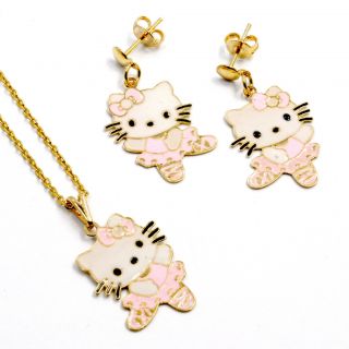 Set Gold 18K GF Pink Enamel Earrings Ballerina Hello Kitty Girl