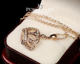 18CT Rose Gold GP Sparkling Crown Pendant Necklace W/ Clear SWAROVSKI