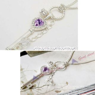 Jewelry Violet Crystal Love Key Crown Necklace Gold Silver Chain