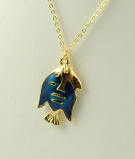 14k Gold EP Blue Resin 2 Sided Fish Pendant Necklace