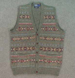 Vtg Polo Ralph Lauren Fair Isle Wool Knit Button Front Cardigan
