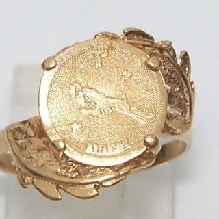  Solid Yellow Gold Aries Astrology Coin Medallion Ring Size 6