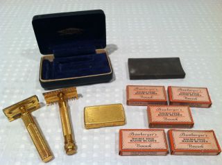 Vintage LOT of 2 GILLETTE Gold tone razors Original Case, Blades