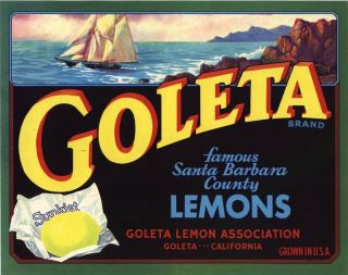 Lemon Crate Label Santa Barbara Goleta Vintage Sailboat