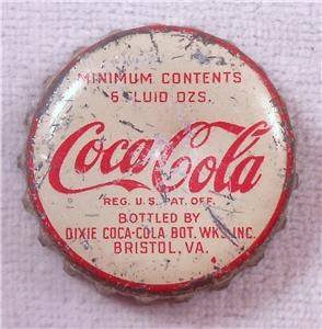 Vintage Bottle Cap Dixie Coca Cola Bottling Works Bristol VA