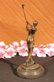 Bronze Statue Vintage Golfer Golf Female Golfing Trophy Sculpture