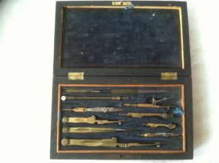 VINTAGE BRASS COLORED MECHANICAL DRAFTING SET IN WOOD BOX WITH BLUE