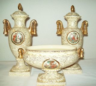 EMPIRE WARE ENGLAND 3 PC SET ALL MARKED AND GOLD ACCENT COMPOTE 2 LID