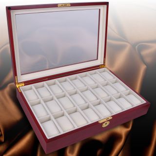  Mens Style Cherry Wood Watch Display Case Glass Top Jewelry Box