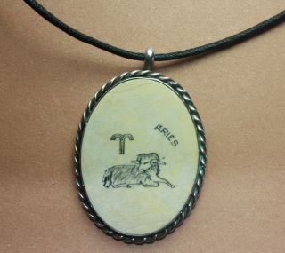  Mens Rare Scrimshaw Horoscope necklace Pendant 18 Aries,Leo,Scorpio