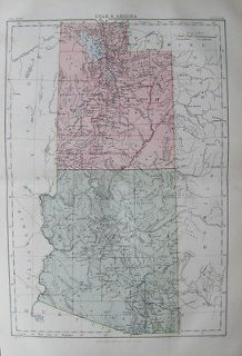 Antique Colour Map of USA States of UTAH & ARIZONA color map 1888