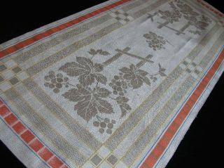 Antique Coral Stripe Grape Cluster Vineyard Leaf Pattern Linen Towel