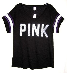Victorias Secret Pink Black Jersey Stripe Logo Limited Edition T