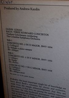 Glenn Gould 1967 Bach Three Keyboard Cons CBS Two Eye Stereo LP EX