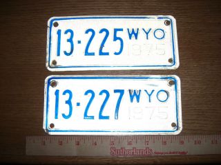 Two Wyoming Motorcycle License Plates~~1975~~225 & 227~~White & Blue
